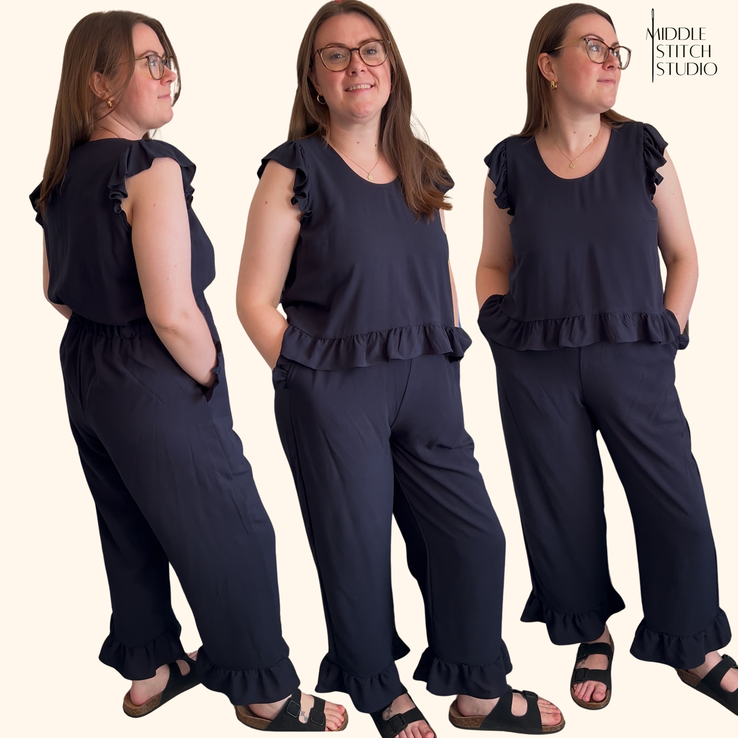 Woman wearing a navy blue outfit with ruffled top and pants, posing from different angles on a white background.