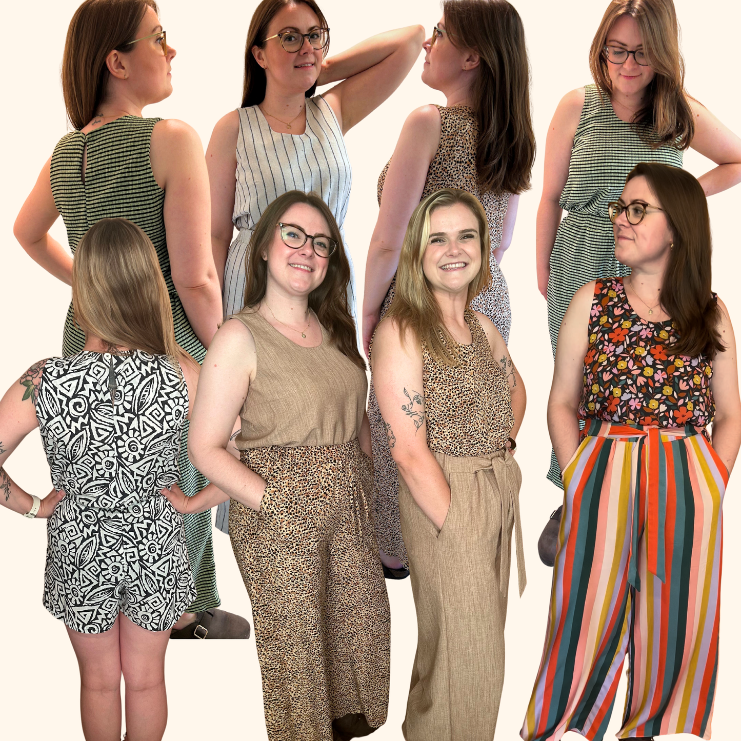 Collage of a woman wearing various outfits on a white background