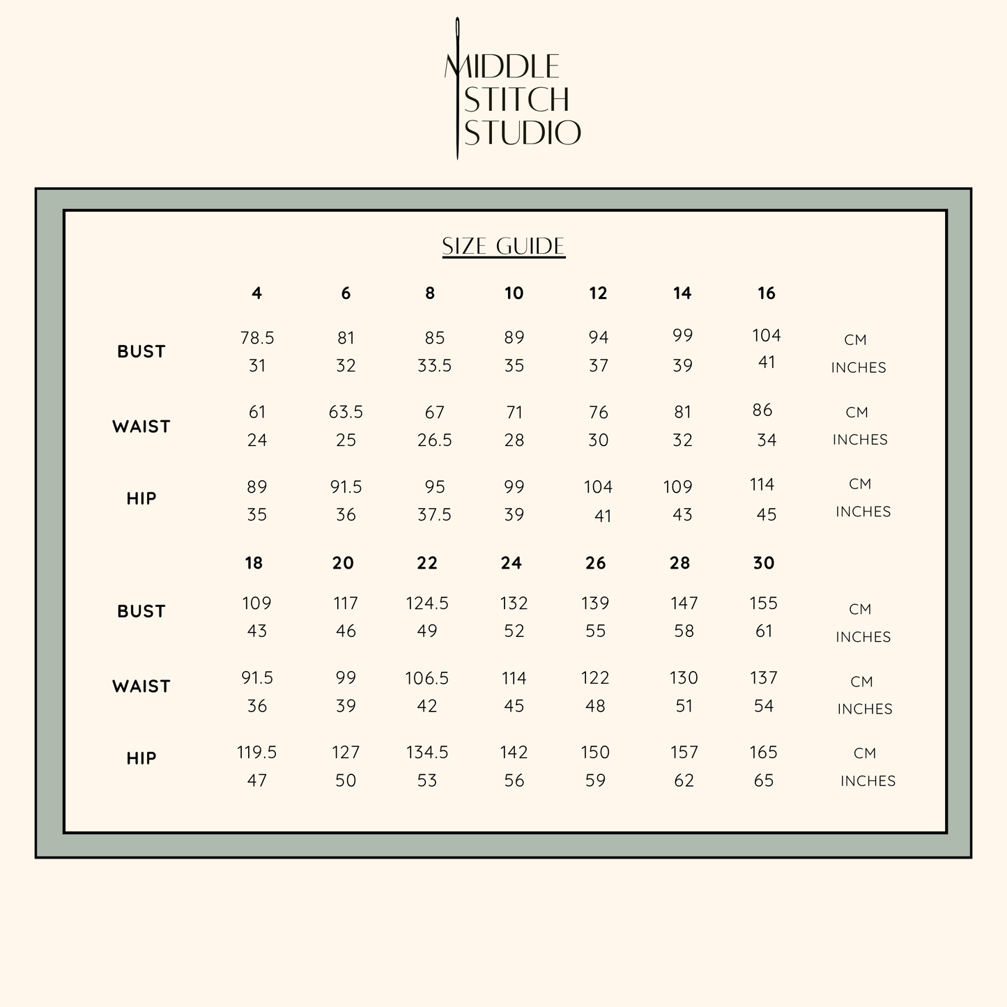 Size guide chart for clothing measurements by Middle Stitch Studio on a white background