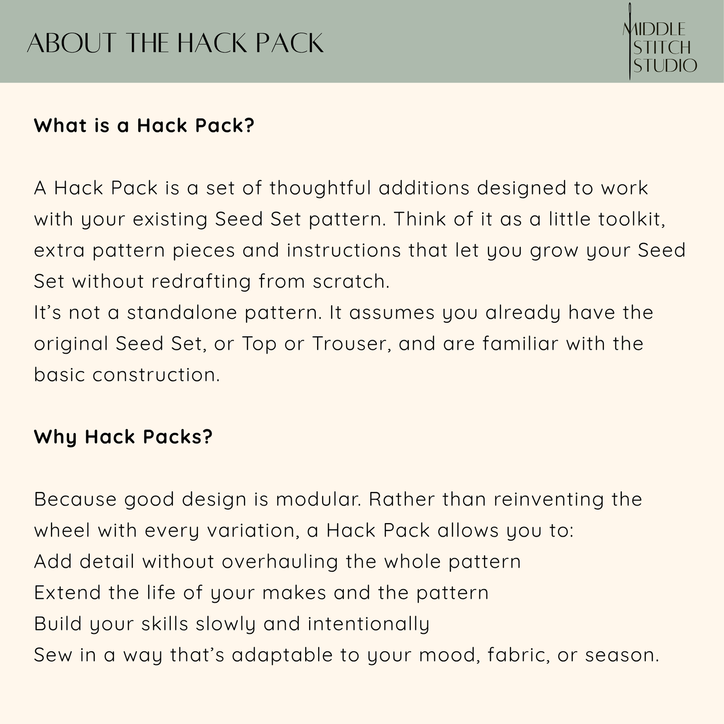 Text explaining what a Hack Pack is and its purpose, with Middle Stitch Studio branding.