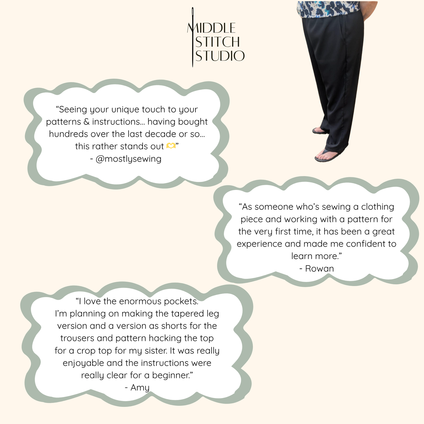Promotional graphic for Middle Stitch Studio with customer testimonials on a white background