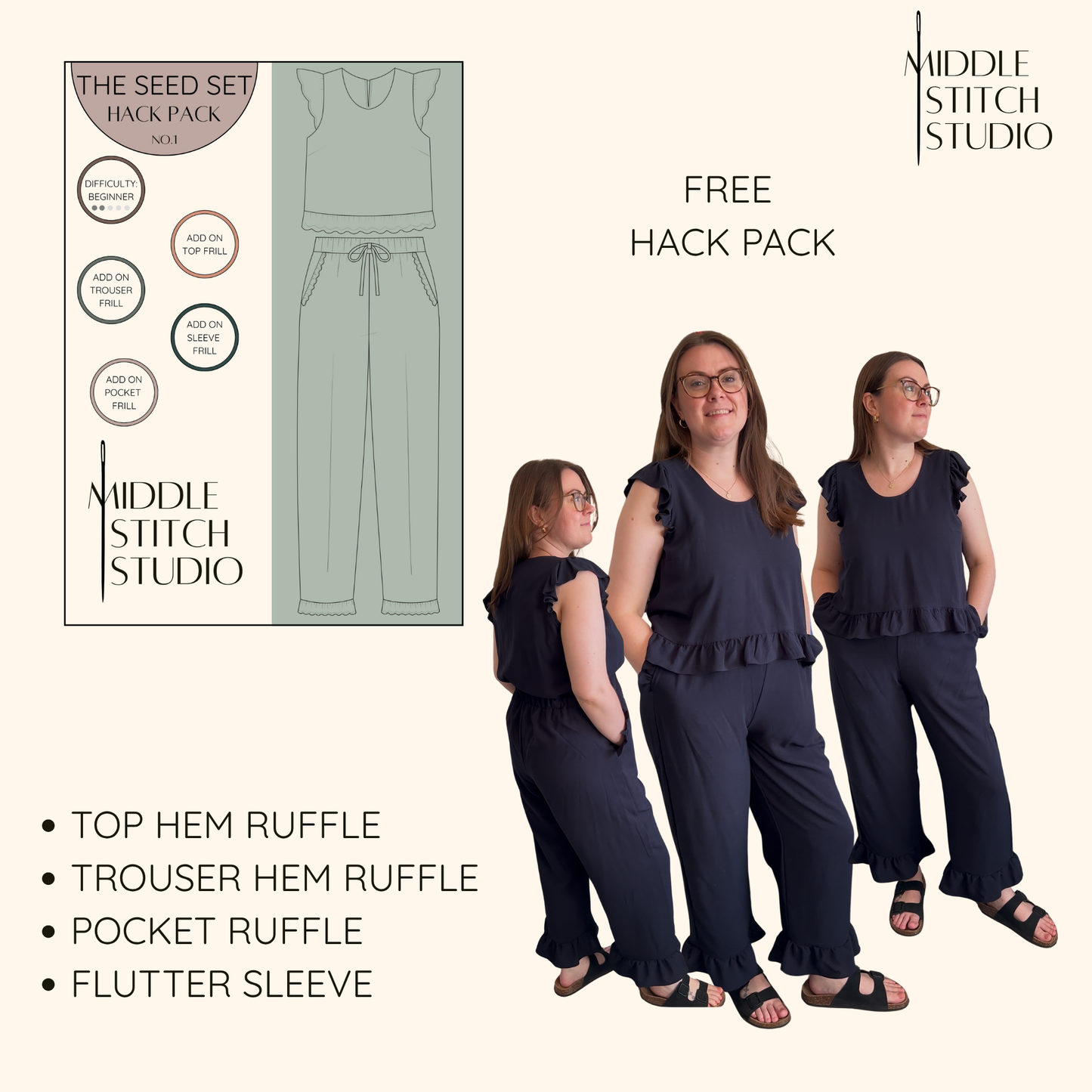 Promotional image of a sewing pattern set with a woman wearing the final product from Middle Stitch Studio.