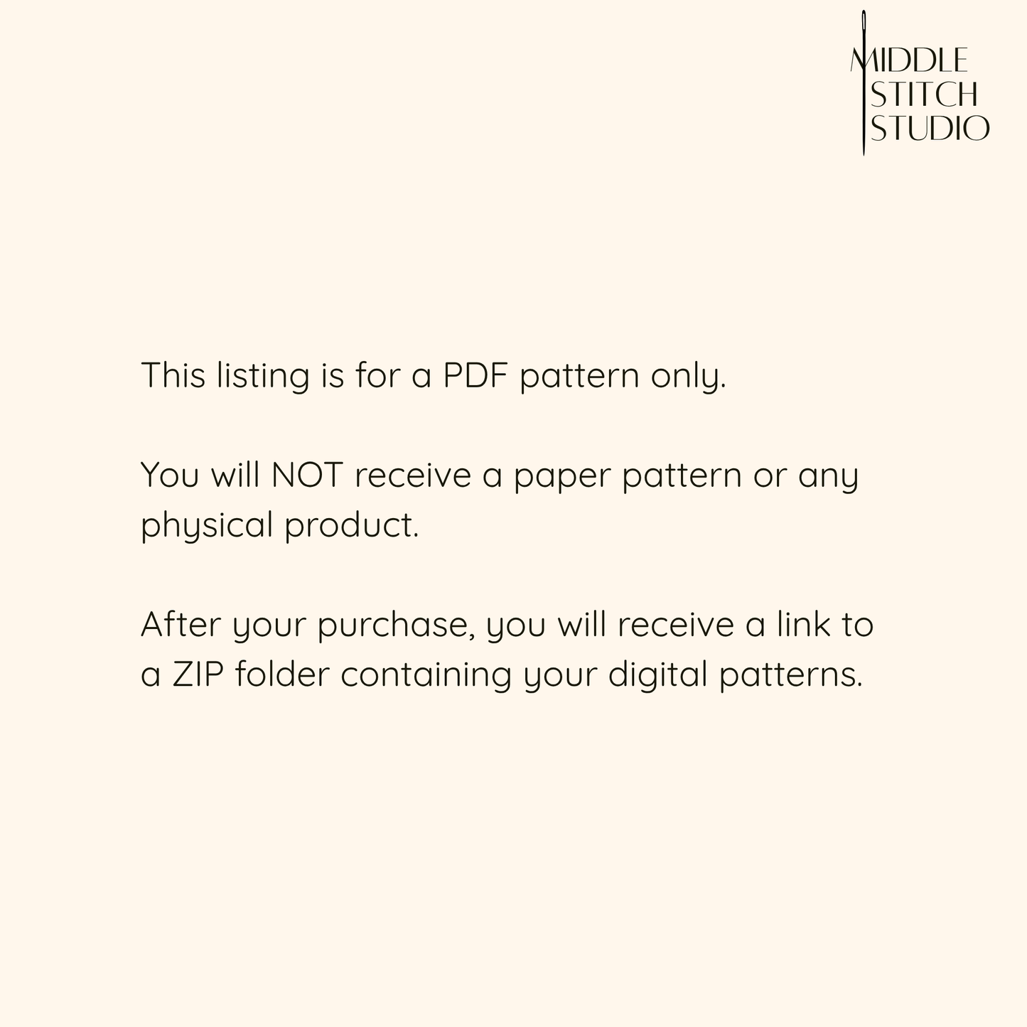 Text message from Middle Stitch Studio about a PDF pattern listing on a white background.