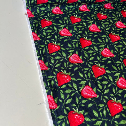 Painted Strawberry & Leaves 100% Cotton Poplin