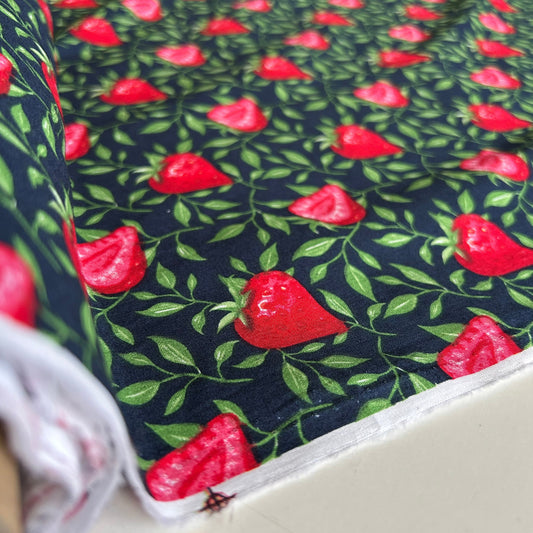 Painted Strawberry & Leaves 100% Cotton Poplin