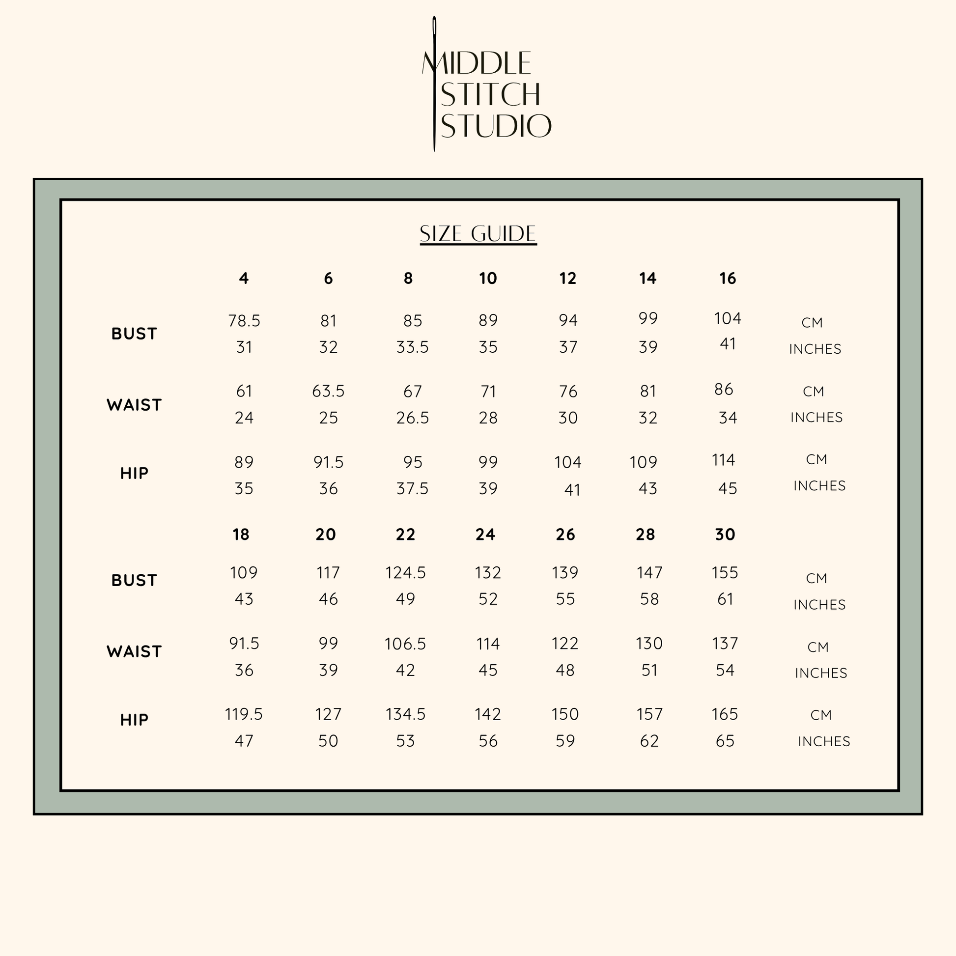 Size guide chart for clothing measurements by Middle Stitch Studio on a white background