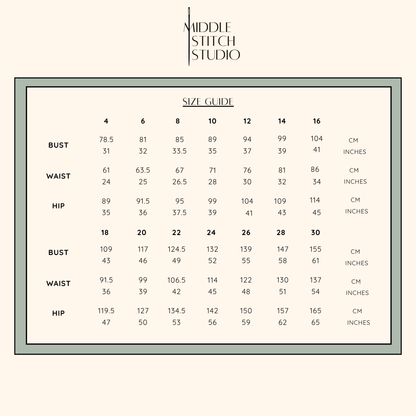 Size guide chart for clothing measurements by Middle Stitch Studio on a white background