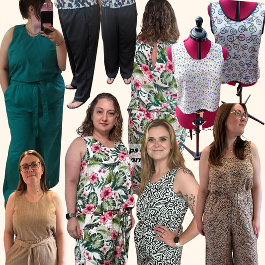 Collage of women wearing various outfits including jumpsuits and dresses with different patterns.