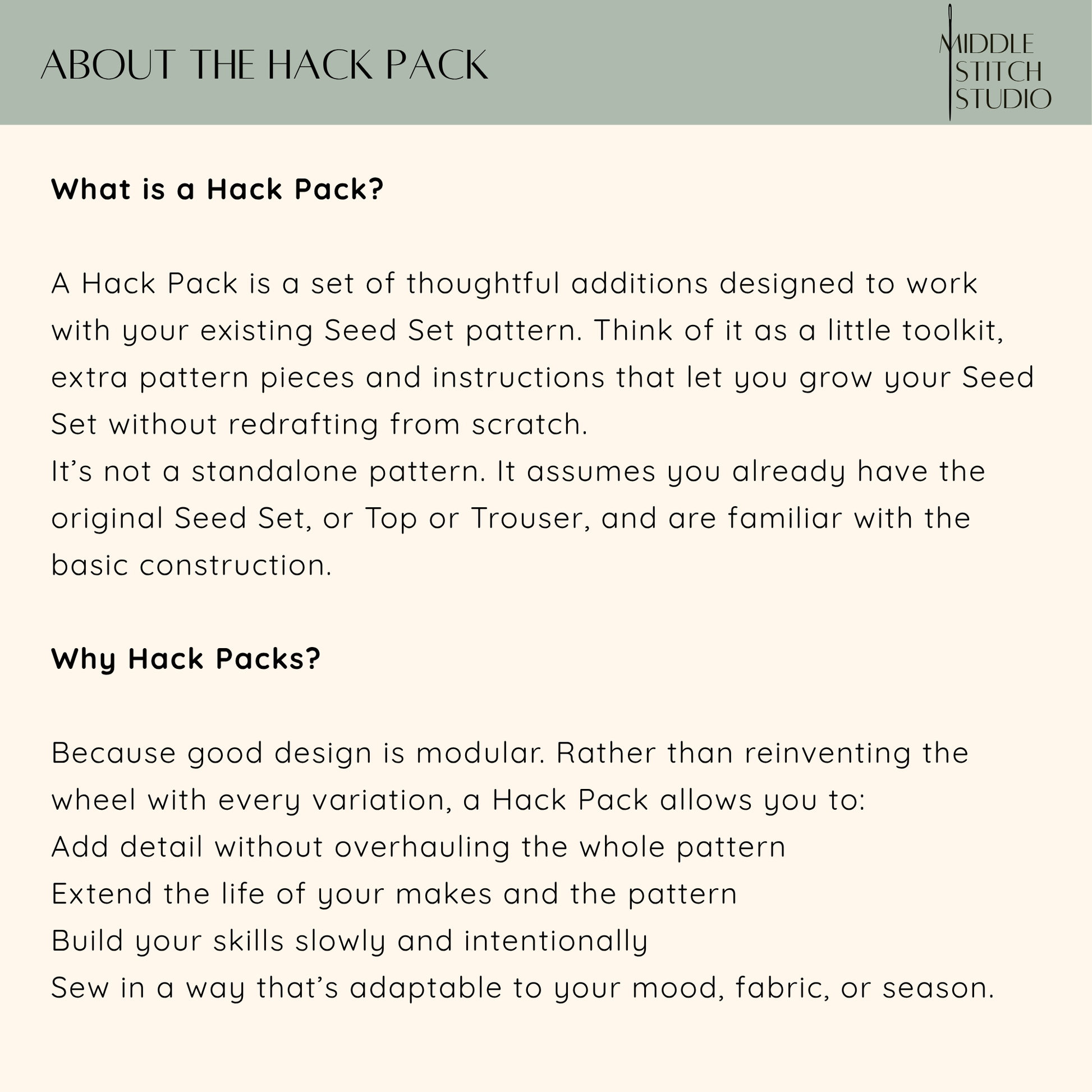 Text explaining what a Hack Pack is and its purpose, with Middle Stitch Studio branding.