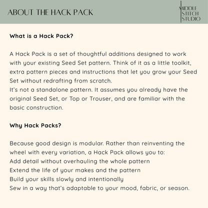 Text explaining what a Hack Pack is and its purpose, with Middle Stitch Studio branding.