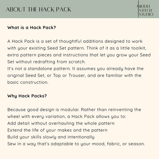 Text explaining what a Hack Pack is and its purpose, with Middle Stitch Studio branding.