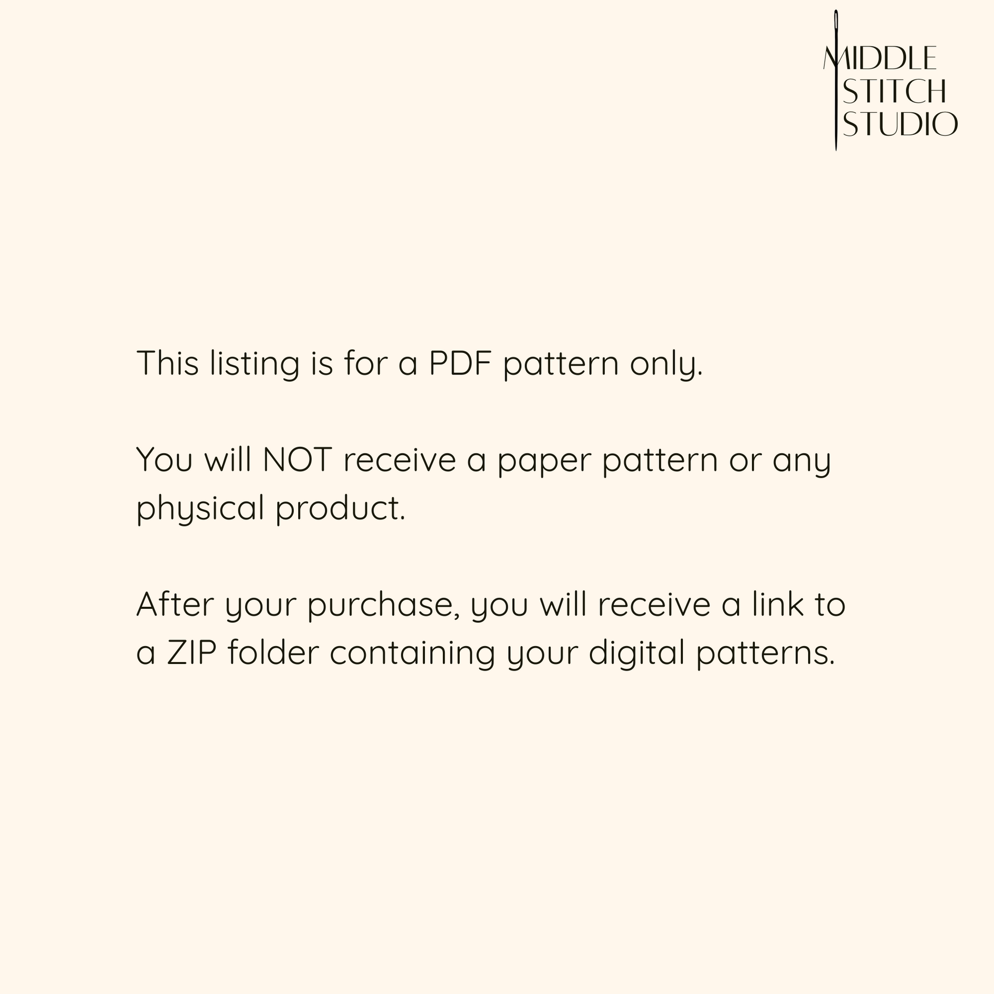 Text message from Middle Stitch Studio about a PDF pattern listing on a white background.