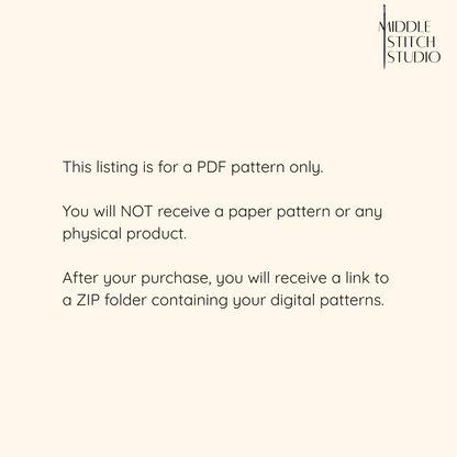 Text message from Middle Stitch Studio about a PDF pattern listing on a white background.