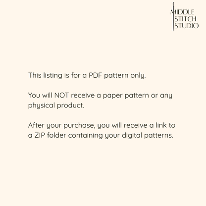 Text message from Middle Stitch Studio about a PDF pattern listing on a white background.