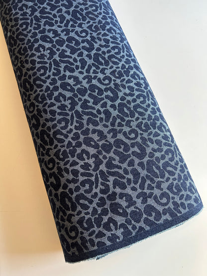 Premium Washed Denim Jacquard Cotton Blend - Leopard Print
